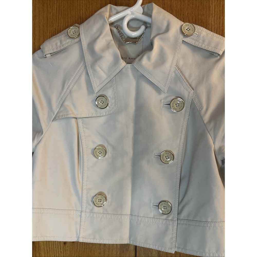 Ted Baker Wms Beige Trench Coat Cropped Dble Breast Sz 2 US 4-6 S Neutral Jacket - Picture 2 of 16